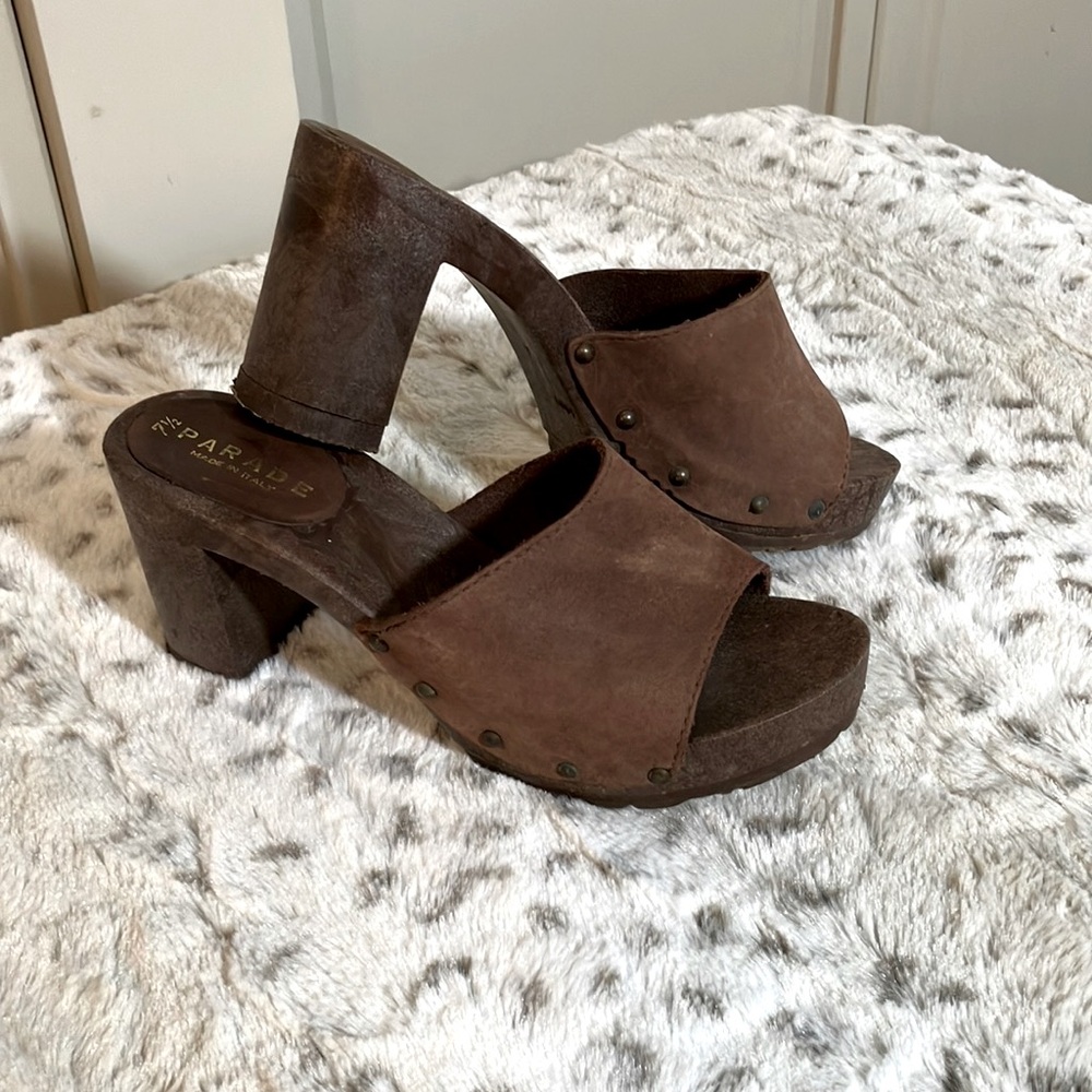 Parade Brown Leather Platform Heel Mules Made in Italy Size 7-1/2. EUC